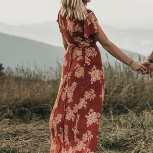 Lulu’s Rust Red Floral Print Wrap Maxi Dress